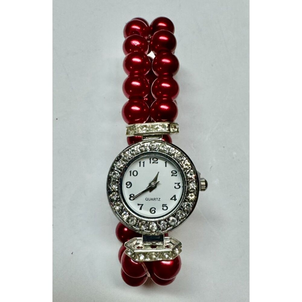 Red Faux Pearl Stretch Band Watch